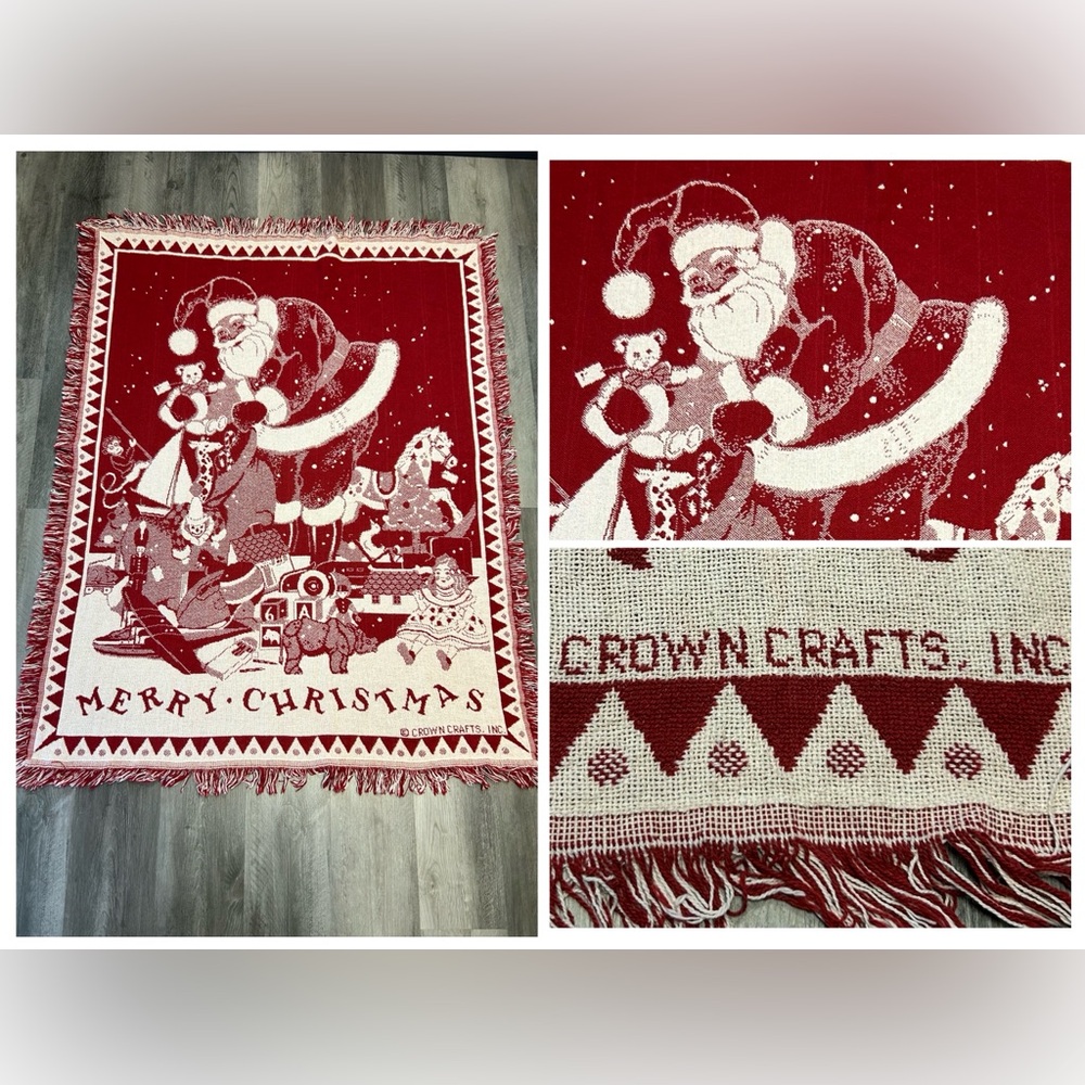 CROWN CRAFT Merry Christmas Santa Throw Blanket‎ Vintage Fringed Red Ivory 46x58
